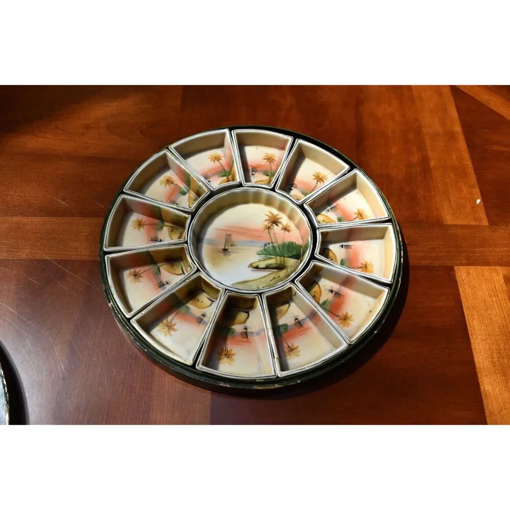 Antique Nippon 13 Piece Hand Painted Porcelain Sweetmeat Set Green Lacquer Box